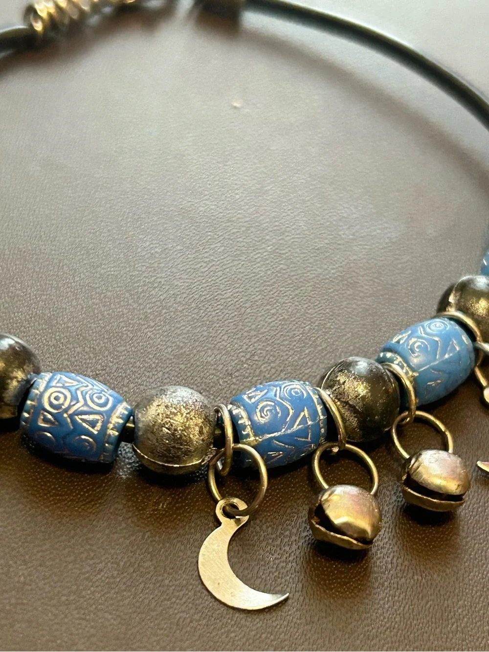 Vintage Blue Beaded Moon Charm Bracelet Tribal Beads - Women’s Jewelry
